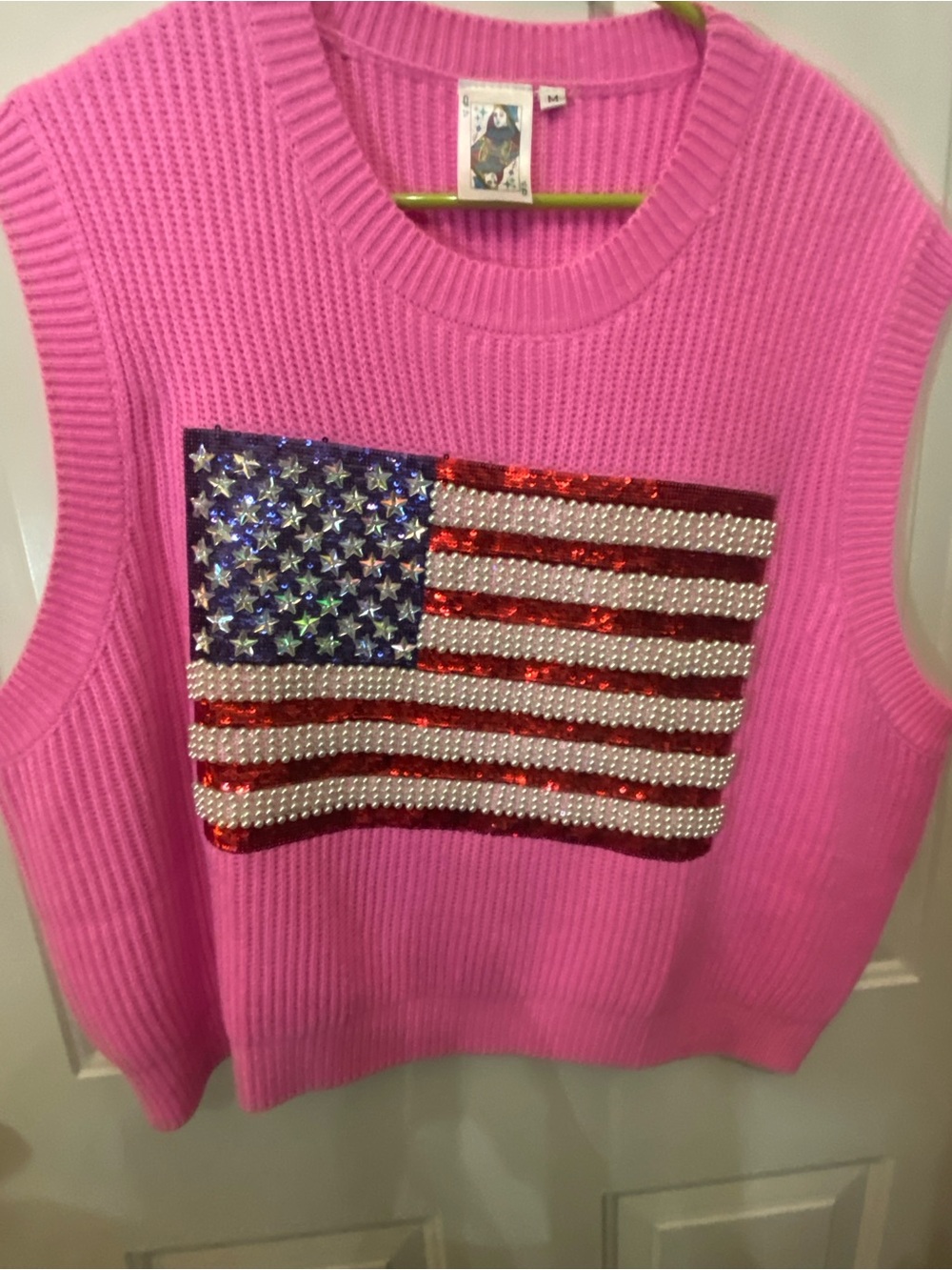 QUEEN OF SPARKLES Pink Sleeveless Tank with Sequin American Flag NWOT